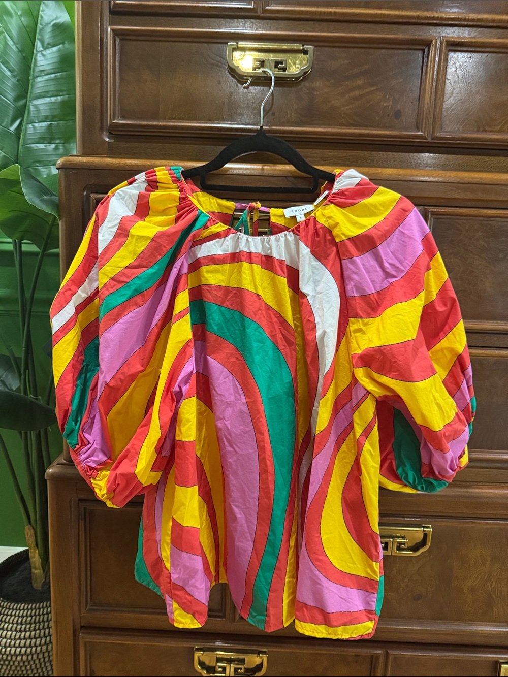RHODE Multicolor Swirl Puff-Sleeve Blouse - Yellow, Pink, Red, Green